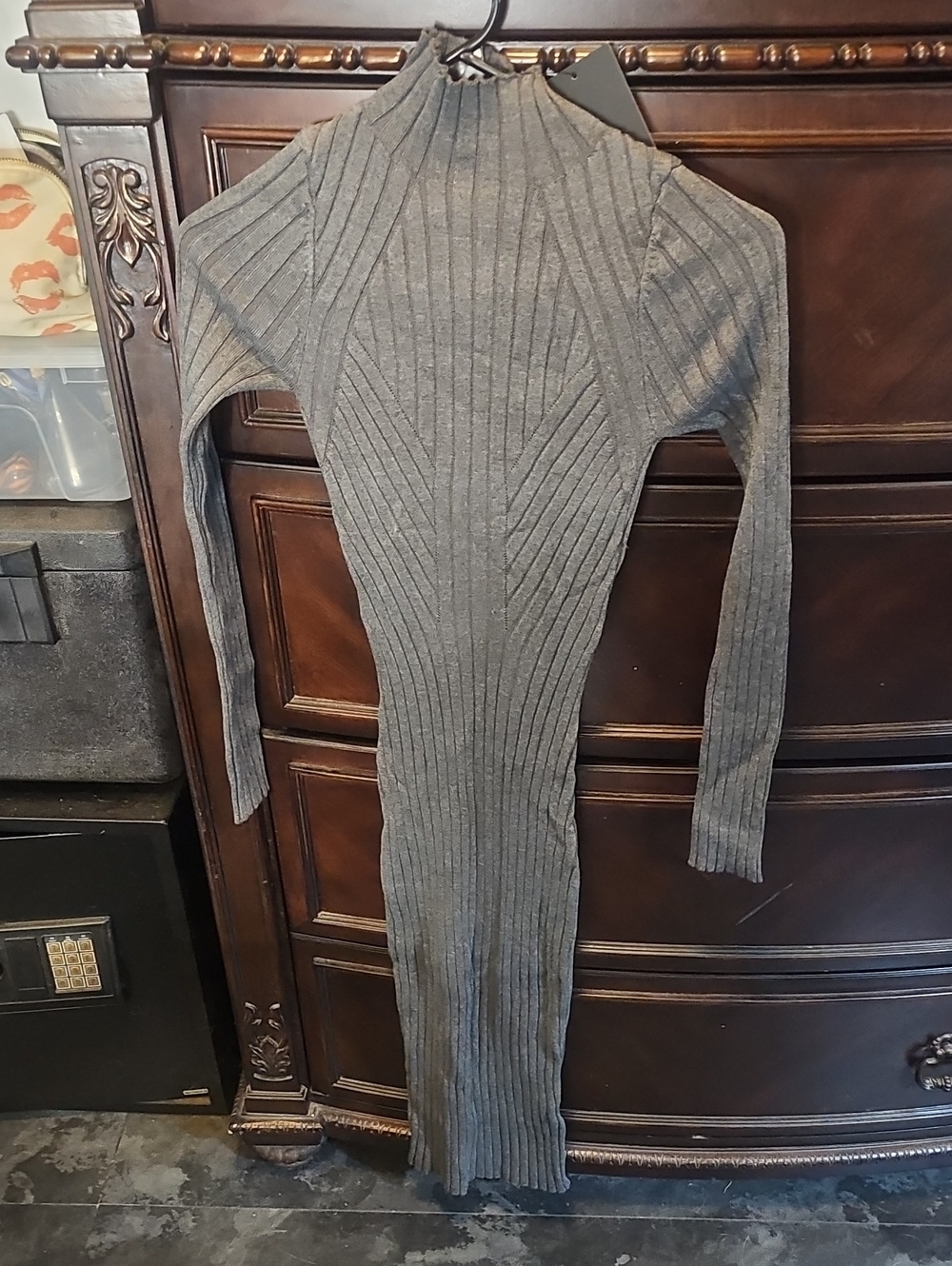 Fashion Nova Charcoal Ribbed Mock Neck Long Sleeve Dress